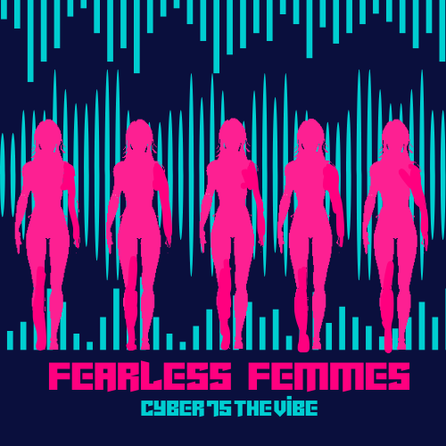 logo for group podcast, cyber-punk with pink figures standing